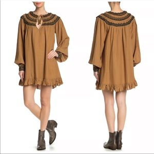 Free people tan color peasant dress long sleeve flowy embroidered detail